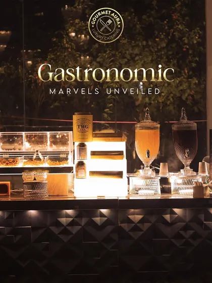 Our "Gastronomic Marvels Unveiled" beverage station, featuring artisanal teas and infused drinks.