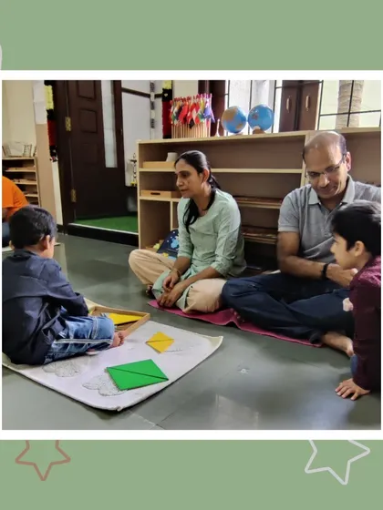 Working with constructive triangles, these boys show their parents how shapes can be combined to create new ones. It's a hands-on introduction to the principles of geometry.