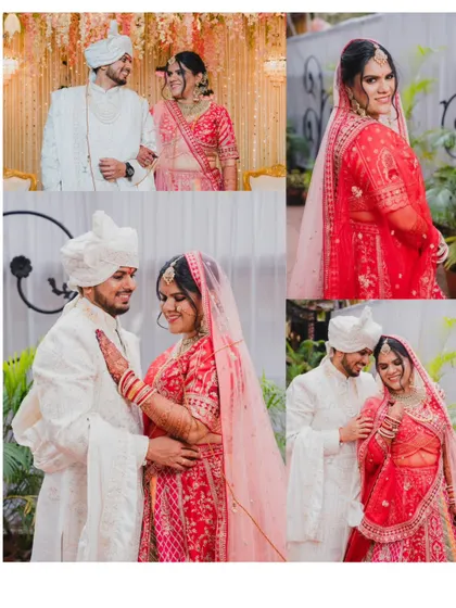 A collage of the couple's portraits on their wedding day, showcasing their beautiful red and white coordinated outfits.