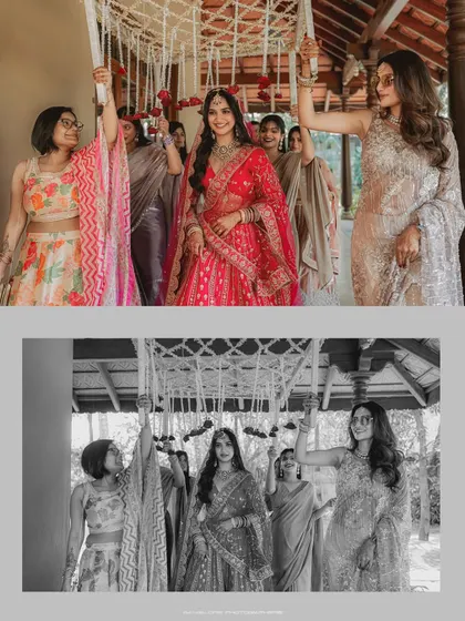 The bride's grand entrance under a beautiful 'phoolon ki chadar' held by her loved ones. This is a classic, emotional moment that I love to photograph.