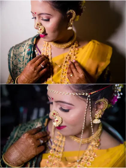 A collage of close-up bridal portraits, focusing on her jewelry and the beautiful details of her look.
