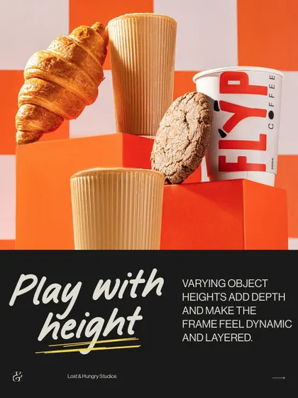 Play with height. For this Flyp Coffee shot, we used blocks to vary the object heights, which adds depth and makes the frame feel more dynamic and layered.