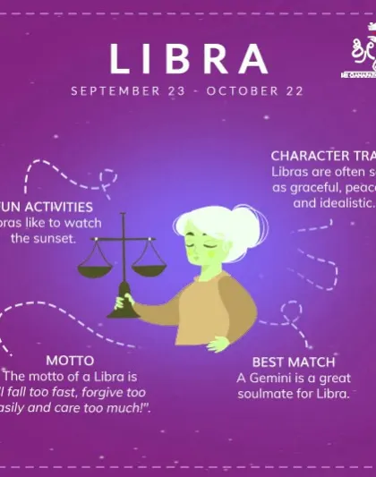 This infographic provides a quick look at the Libra zodiac sign. Known for being graceful and peaceful, their motto is to love deeply and forgive easily.