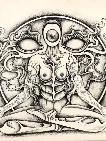 I named this piece 'Tara', representing a meditative state. The figure is in a lotus position, but her body is a landscape of surreal anatomy, with extra eyes and roots, symbolizing a deep inner journey.