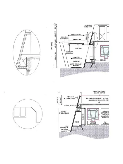 Technical drawings are crucial to our process. These archival section details from the CC Office project show the construction of the tapered walls and recessed window sills.