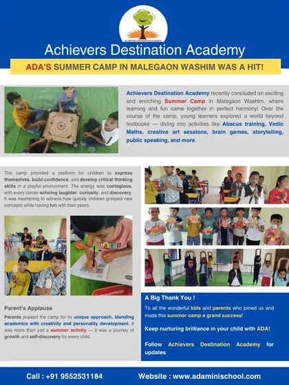 A newsletter celebrating our successful summer camp in Malegaon, Washim. It highlights our unique approach of blending academics with creativity and personality development, which parents praised.