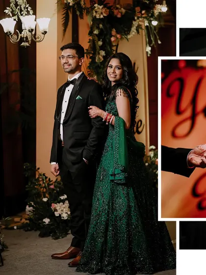 The couple looking elegant at their reception, with the bride in a stunning green gown.