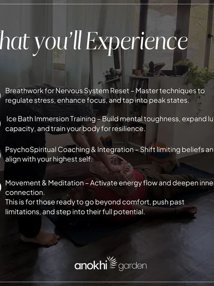 Our weekend immersion includes training for a nervous system reset, mental toughness, and psycho-spiritual coaching. It's for those ready to go beyond their comfort zone.