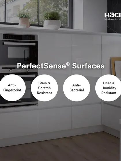 An overview of the benefits of our PerfectSense® surfaces: anti-fingerprint, stain and scratch resistant, anti-bacterial, and heat and humidity resistant.