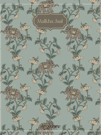 A detailed swatch of the Malkha Jaal wallpaper. This pattern features whimsical elephants amidst climbing floral vines, all rendered in the classic, earthy style of Kalamkari painting.