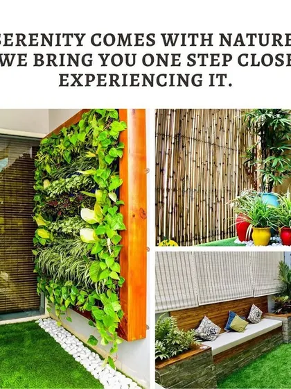 This collage highlights how we bring serenity to your home. From lush vertical gardens to comfortable seating areas with bamboo accents, our designs are focused on creating a peaceful atmosphere.