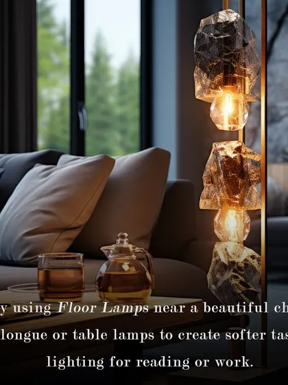 Lighting Guide: Try using floor lamps near a beautiful chaise lounge or table lamps to create softer task lighting for reading or work.
