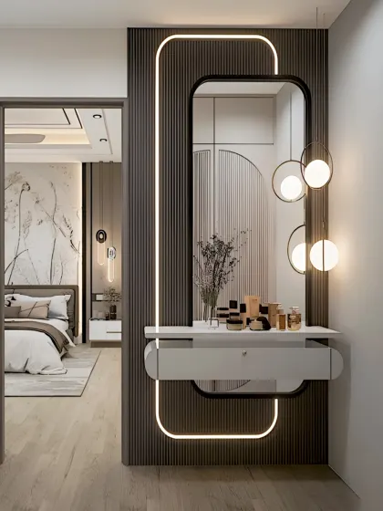 A beautifully designed dressing or vanity area adjacent to a bedroom. The space features a modern mirror with integrated lighting and a sleek floating drawer for storage.
