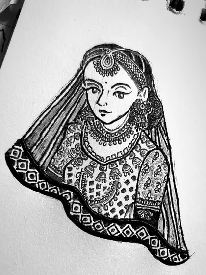 The same bridal sketch in black and white, which helps to highlight the line work and shading techniques used to create depth and dimension.