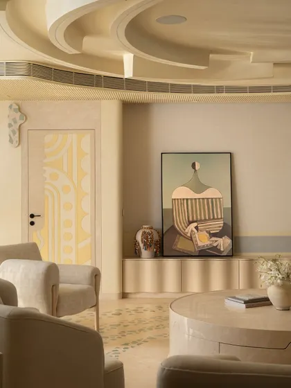This shot highlights the custom credenza and artwork in the Soft Serve living room, demonstrating our focus on integrating storage and art seamlessly into the design.