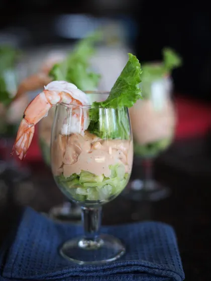A classic prawn cocktail. Students learn about cold appetizers, balancing flavors, and elegant presentation in a glass.