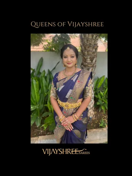 A closer look at Manasa's choice, highlighting the detailed work on her saree and the perfect coordination with her temple jewelry.