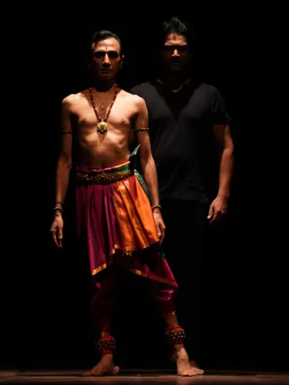 A powerful image from 'Tatsama Tadbhava', showing the contrast between the classical and contemporary forms. The choreography explored the space between these two worlds.