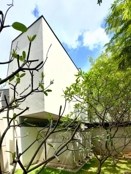 The exterior of the 'House of Stories', with its sharp, abstract forms seen through the foliage.