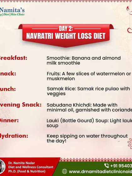 For Day 2 of your Navratri fast, I suggest a banana and almond milk smoothie for breakfast, samak rice pulao for lunch, and a light lauki soup for dinner. This plan will keep you feeling energized and full.