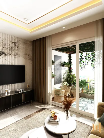 This living room features a stunning TV wall with fluted Italian marble, seamlessly connecting to a beautifully landscaped balcony for an indoor-outdoor feel.