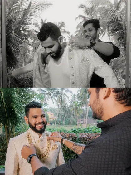 The groom getting ready with the help of his friend. We capture these moments of camaraderie in both colour and classic black and white.
