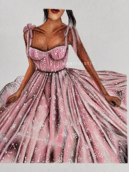 My finished illustration of a flowing pink dress. I spent 9 hours on this piece, focusing on the sheer, glittery fabric and the complex folds of the skirt.