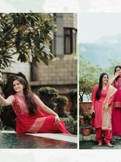 A collage of a woman in a beautiful pink suit, enjoying candid moments with her friends and family in a resort setting. It captures the relaxed and happy atmosphere of pre-wedding gatherings.