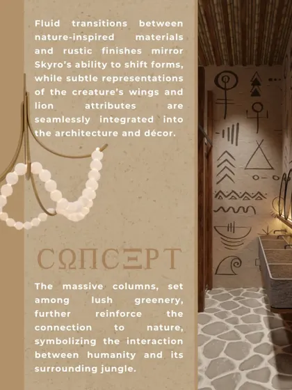 Fluid transitions between materials mirror Skyro's ability to shift forms. Subtle references to the creature's wings and lion attributes are seamlessly integrated into the architecture and decor, reinforcing the narrative.