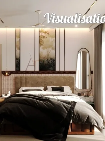 The 3D visualization for the parent's bedroom, laying out the design concept with the tropical-themed wall panels and textured headboard.