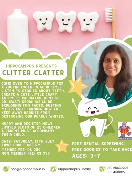 Clitter Clatter, it's time to learn about our teeth! This workshop features a pediatric dentist, fun crafts, and a brushing demo to teach kids about dental hygiene in a positive way.