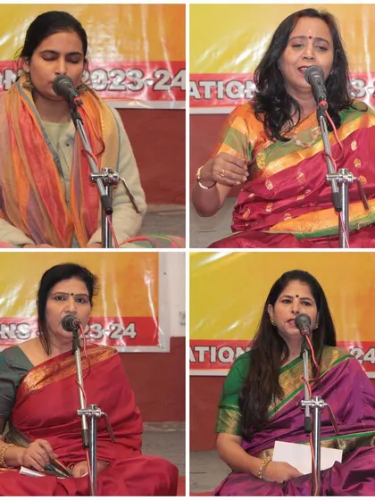 A collage of our female students who presented soulful bhajans at the temple.
