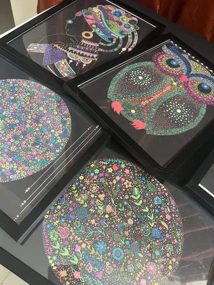A collection of framed artworks, including an owl and floral designs.