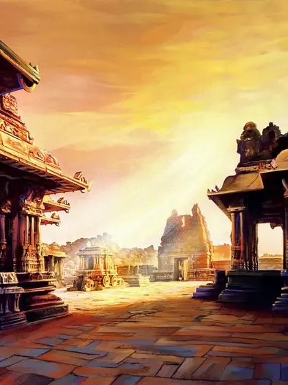 A landscape painting of the historic Vijaya Vittala Temple in Hampi at sunset. My focus here was on the warm light and long shadows that define the ancient architecture, bringing the stone ruins to life.