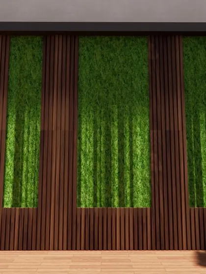 This 3D render showcases a feature wall with wood paneling and integrated vertical green panels. It's a modern and sophisticated way to bring nature into a covered patio space.