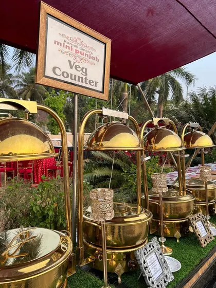 Our elegant vegetarian buffet counter, featuring our signature golden serving dishes with curved stands. The presentation is designed to be a visual feast.