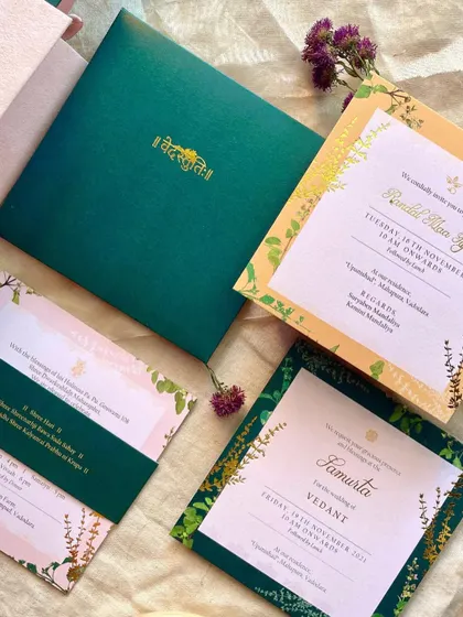 The complete Tulsi Vivaah invitation set, showing how the different cards and the belly band come together. The consistent theme and color palette create a harmonious and elegant suite.