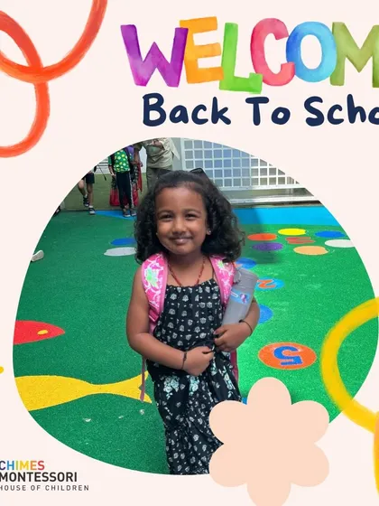 Welcome back to school. A smiling child with her backpack on is ready for a new year of learning and growth.