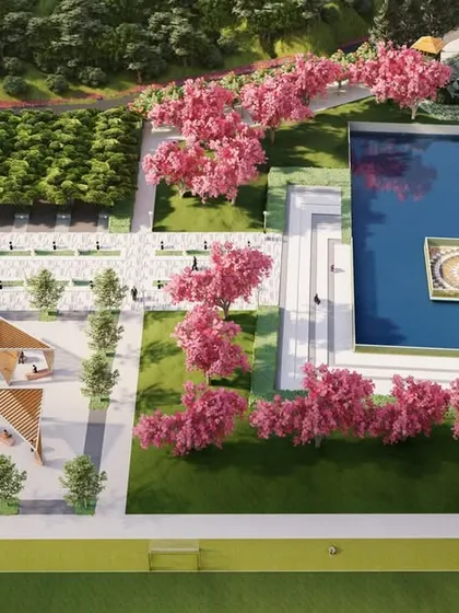 The rendered vision for the UNACCO School's main plaza, featuring modern gazebos, a large water body, and avenues of flowering trees.