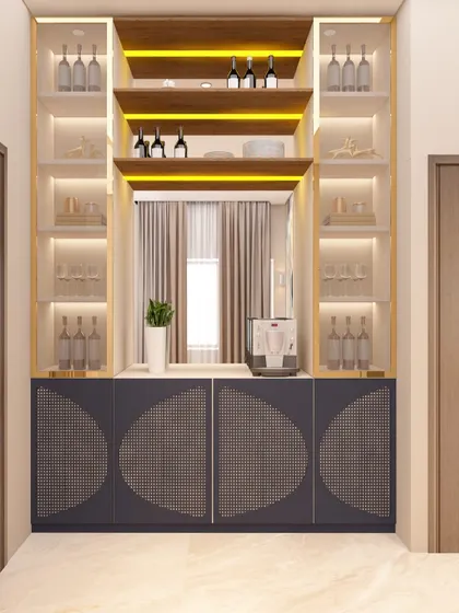 This luxurious built-in bar unit is perfect for the modern entertainer. It features illuminated shelves for glassware and bottles, and a sleek cabinet with a unique perforated design.