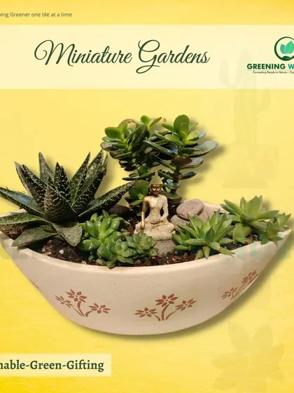 A serene miniature garden in a boat-shaped ceramic pot, featuring a variety of succulents and a small Buddha statue.