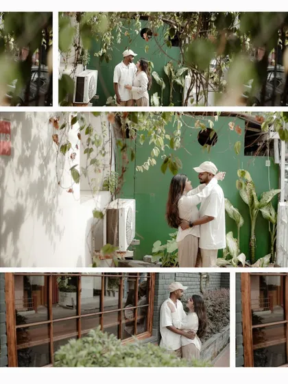 This collage uses creative framing with leaves and architecture to capture intimate moments between the couple during their pre-wedding session.