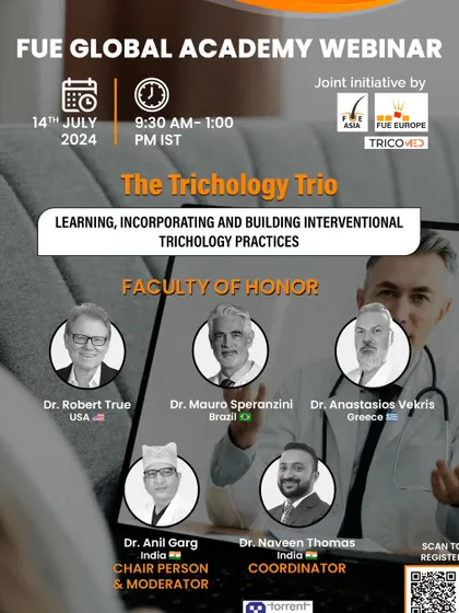 An announcement for the FUE Global Academy webinar on "The Trichology Trio". These online sessions make advanced learning accessible to a global audience of medical professionals.