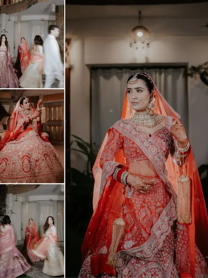 A collage showcasing the bride's journey, from getting ready to her final look, with a stunning central portrait that captures her regal presence.