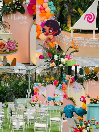 A collage of the Moana-themed party, highlighting the cake, the boat prop, and the overall seating arrangement in the beautiful outdoor venue.