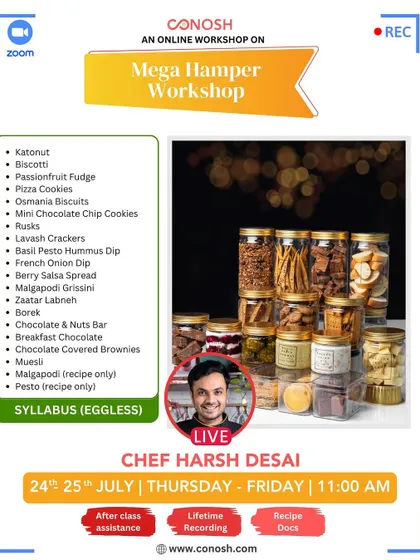 The Mega Hamper Workshop is packed with over 20 eggless recipes, from Katonut and Biscotti to Lavash Crackers and dips. It's the ultimate class for creating impressive gift hampers.