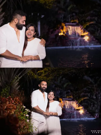 Using a waterfall as a backdrop for Bhavinn and Dalia's night shoot adds another layer of romance and visual interest to their pre-wedding photos.