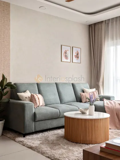 This living area features a comfortable L-shaped sofa in a soft, neutral tone. The fluted round coffee table and plush rug add texture and warmth, creating a perfect space for relaxation.