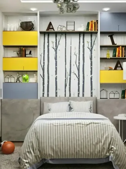 A compact bedroom design with a bed flanked by colorful, asymmetrical shelving. The birch tree wallpaper adds a touch of nature, and the built-in wardrobe maximizes storage.