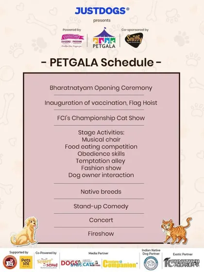 The detailed schedule for Petgala in Chennai. We were proud co-sponsors, supporting a day packed with activities from a cat show to a dog fashion show.